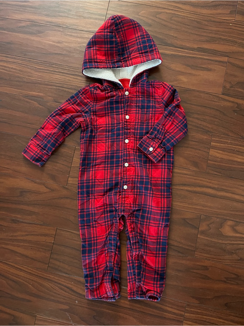 24 Month Baby B’gosh Red & Navy Plaid Button-Up Hoodie Onesie Romper